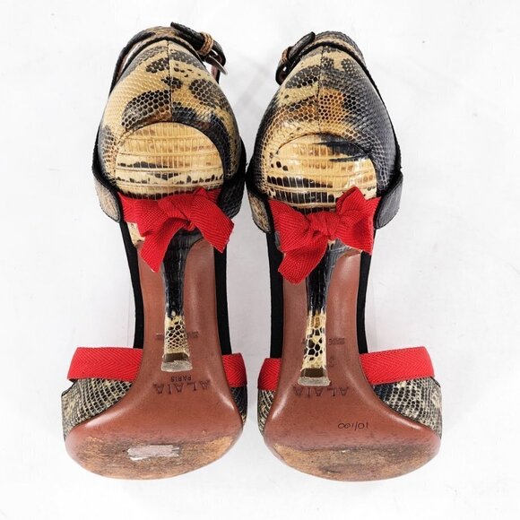 ALAIA Snake Print Leather Ankle Strap Heels With Red Bows - Picture 10 of 13